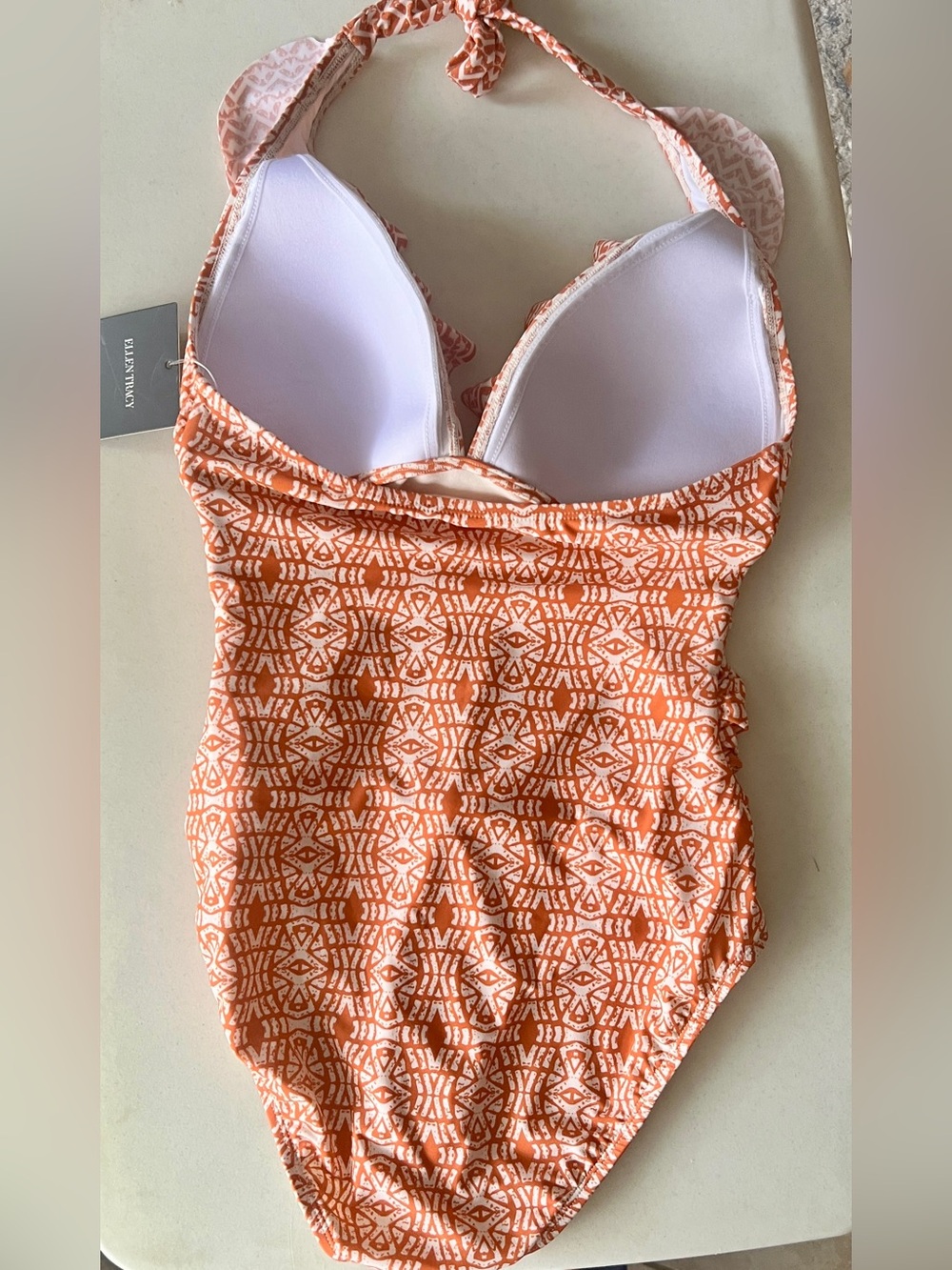 Ellen Tracy Orange and White Patterned One-Piece Swimsuit - Picture 7 of 13